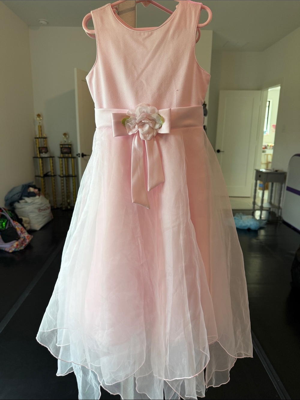 Sweet Girls Light Pink Organza Overlay Flower Girl Dress with Floral Sash